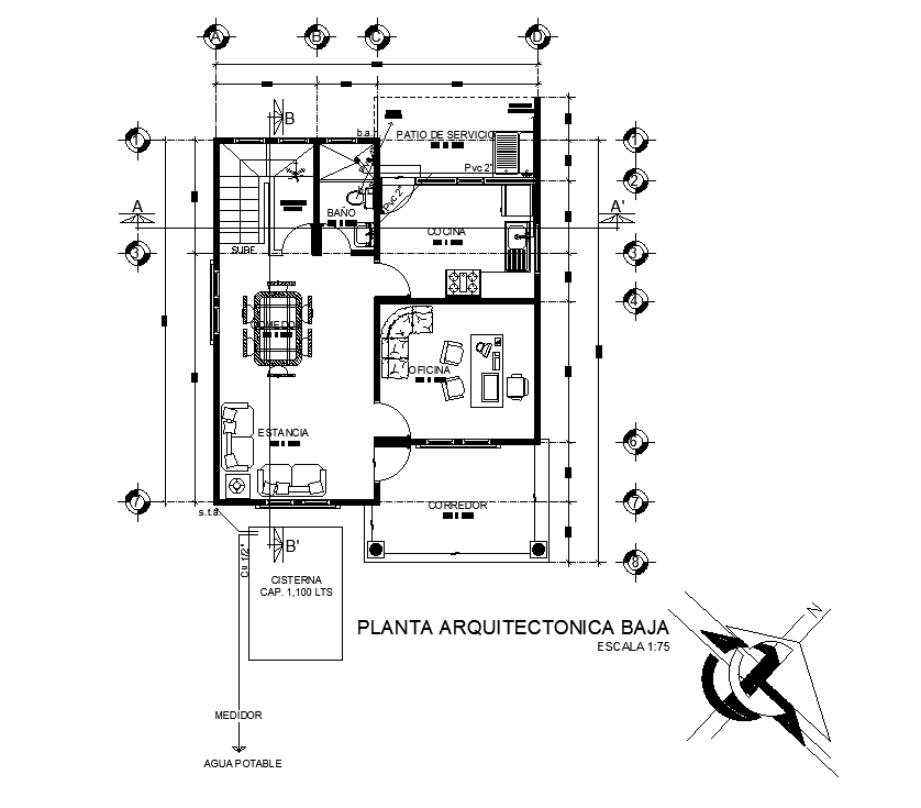 Dimension Detail Of 8x10m Ground Floor House Plan Is Given In This Autocad Drawing Model