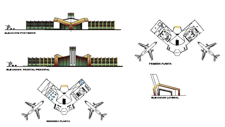 Domestic airport elevation and floor plan cad drawing