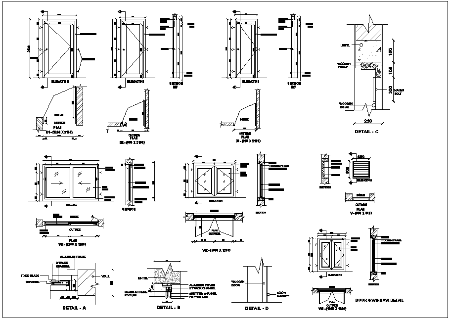 Door and window detail view for bungalows dwg file - Cadbull