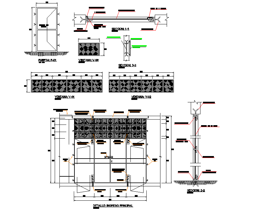 Door elevation and section plan detail dwg file - Cadbull