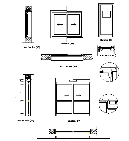 Door installation details with elevation and section dwg file - Cadbull