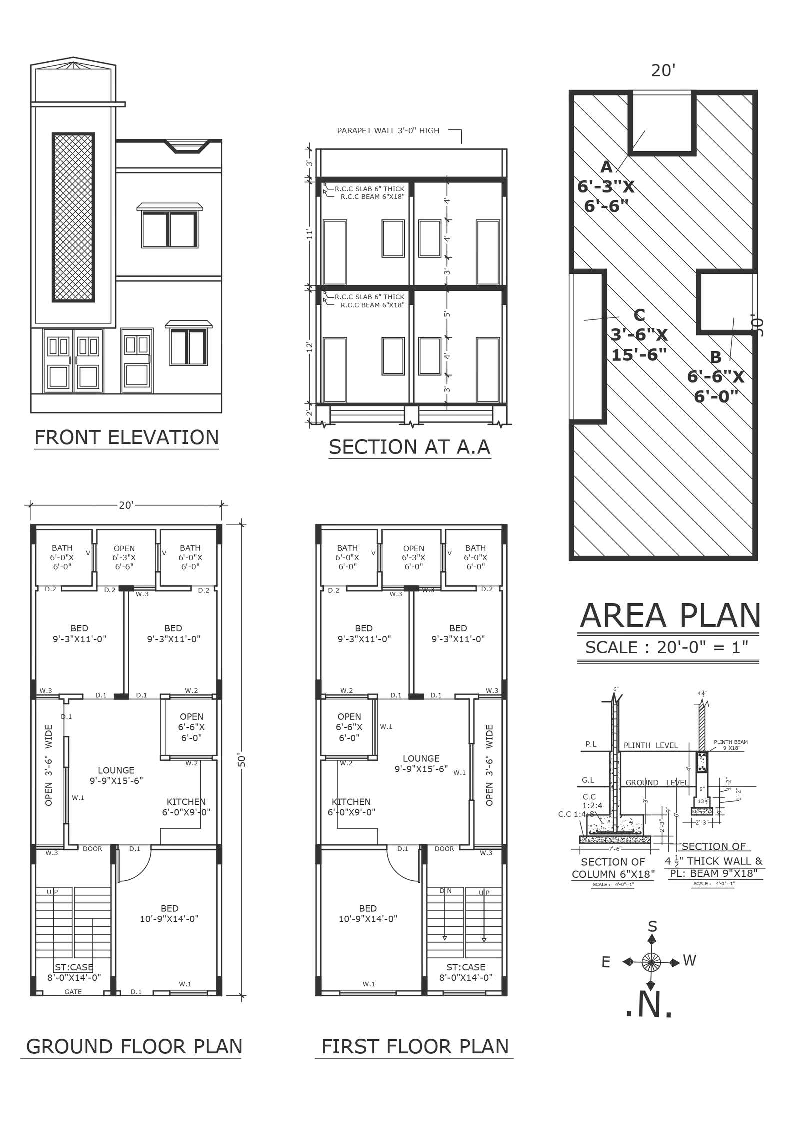 Double storey house design in plot size of 20ft X50ft with parapet wall ...