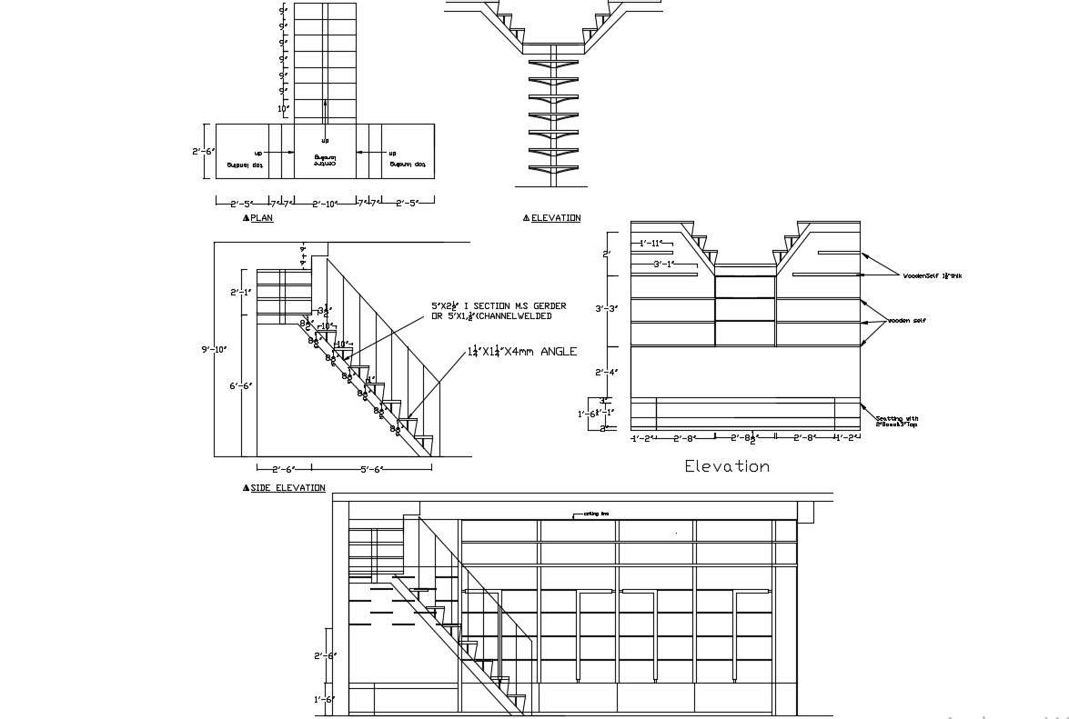 Download Staircase Design Plan And Elevation Cad Drawing - Cadbull