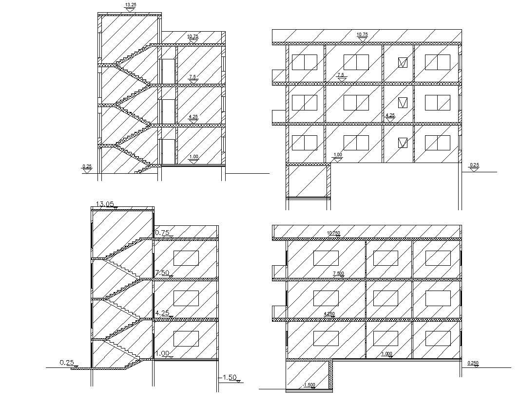 download-three-story-residential-building-sections-design-cadbull