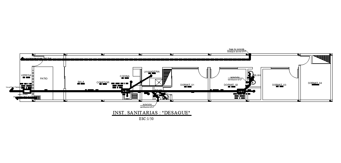 Drainage layout of 26x4m house plan is given in this AutoCAD drawing ...