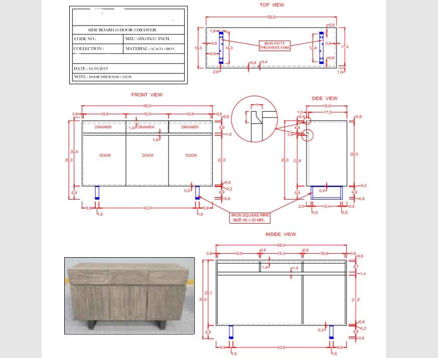 Drawer Table Size 68x18x34 Cm. Section Design For PDF File Cadbull