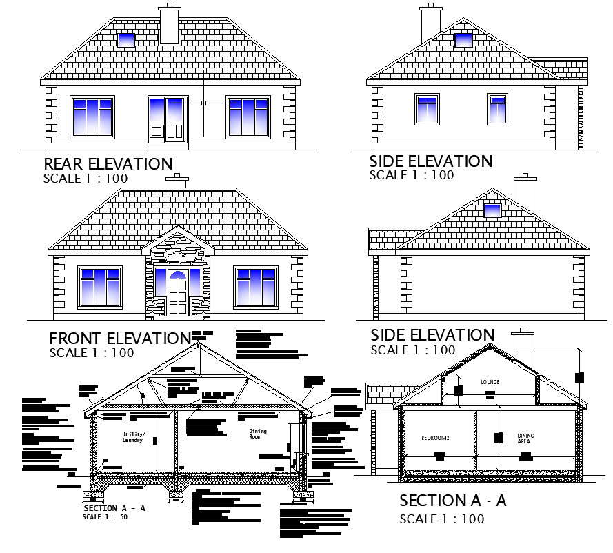 Drawing of Residential house with different Elevation and section Cadbull