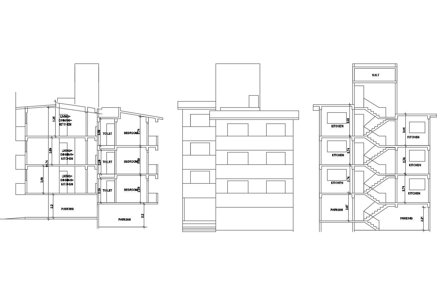 Drawing of a row  house  plan  with elevation  and section 