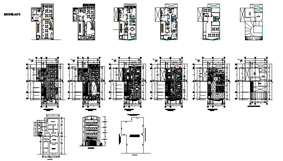 Drawing of the hotel building with different section and elevation in ...