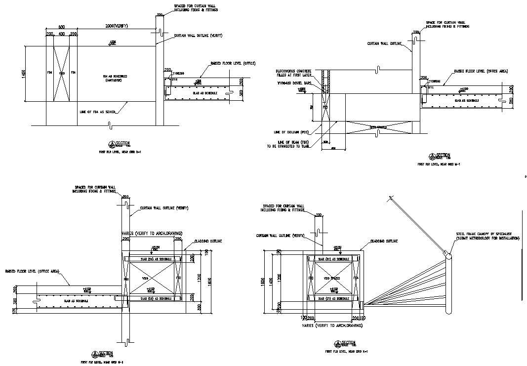 Drawing 2D CAD file of the curtain wall section details,Download the