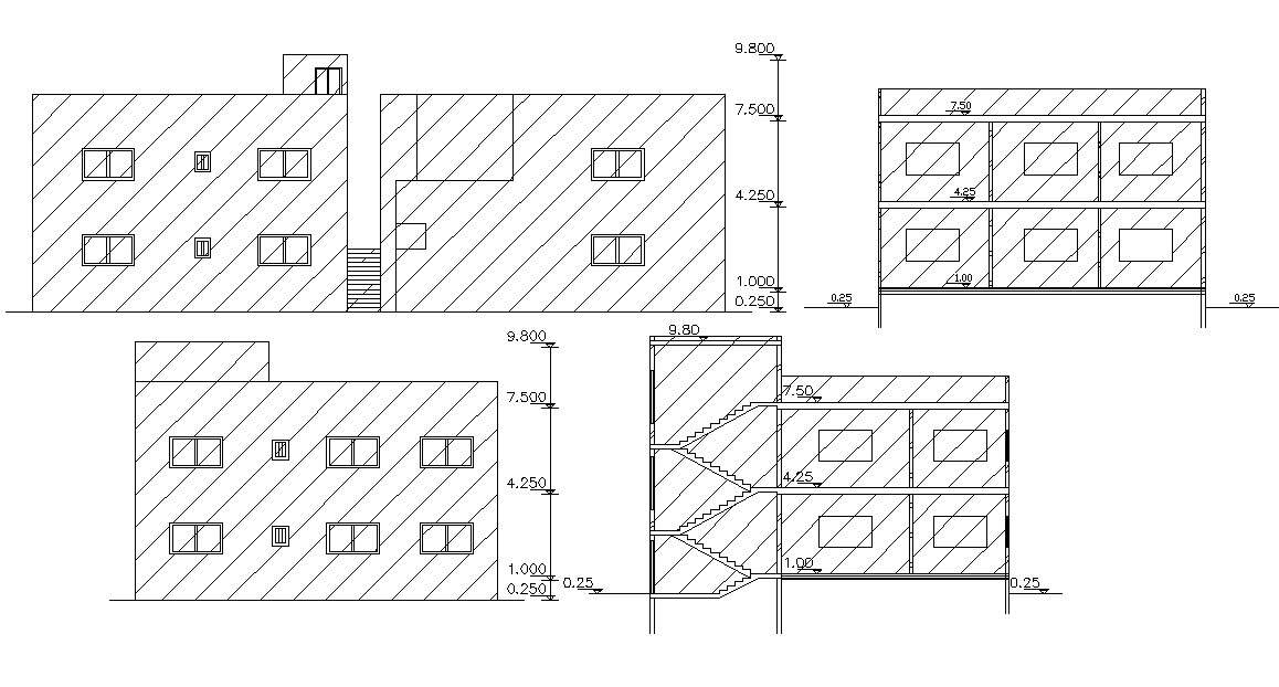 Dual House Building Sectional Elevation Design - Cadbull