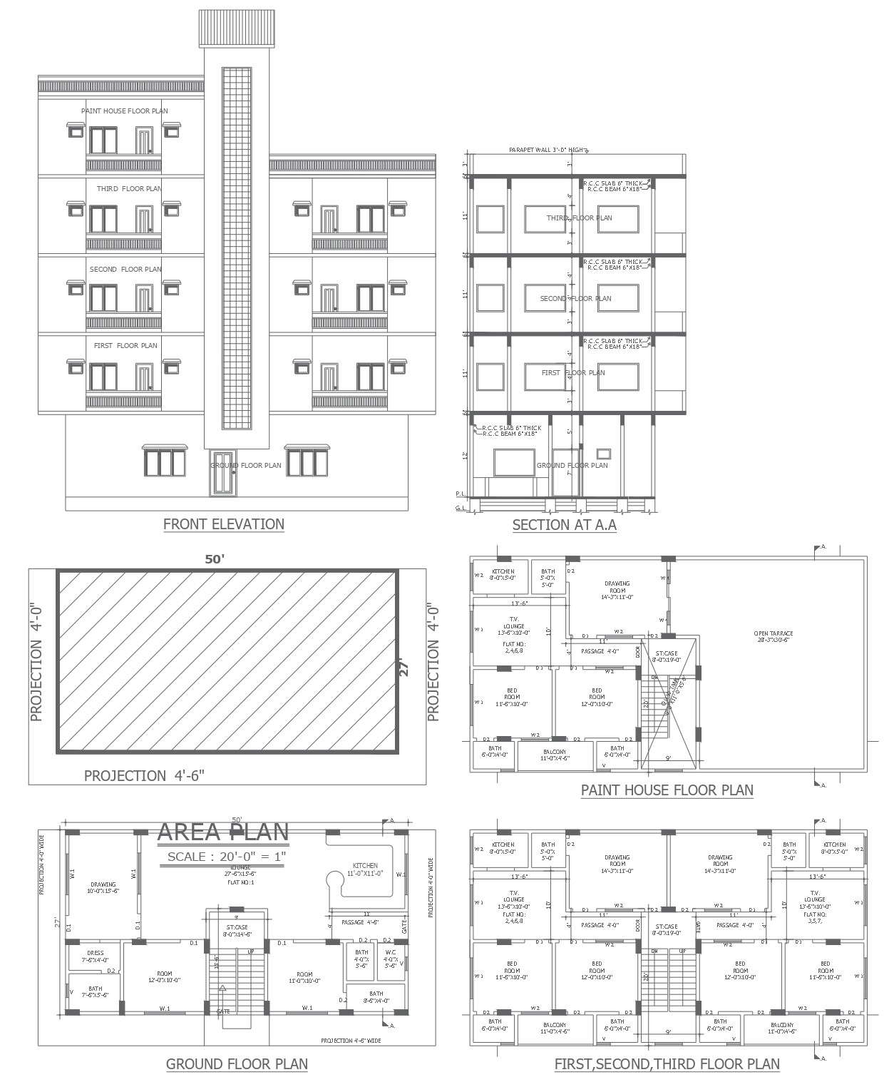 Duplex house design with 4 floor details dwg autocad drawing . - Cadbull