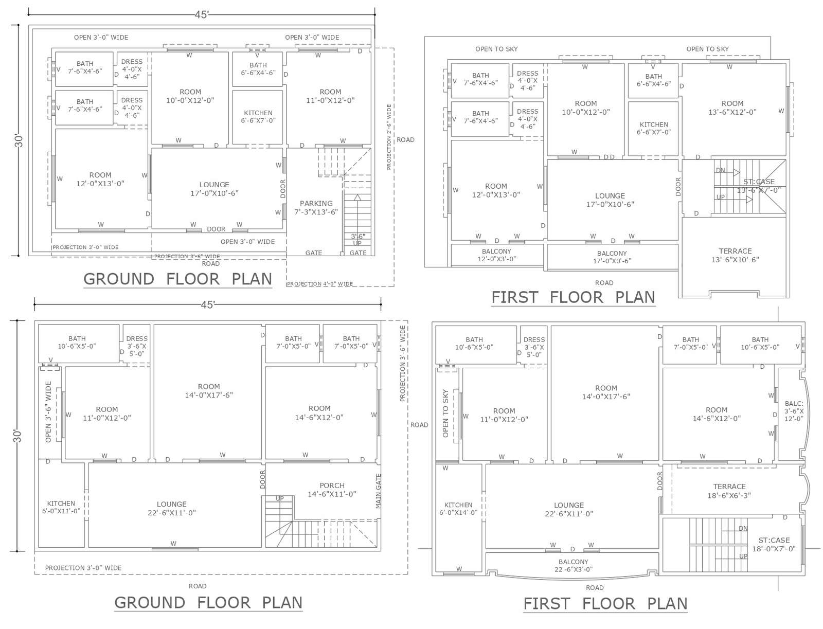 Duplex house ground and first floor detail dwg autocad drawing