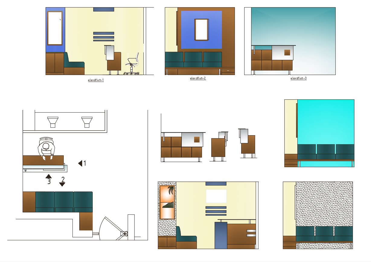 Dwg file of reception area of office with elevations Cadbull