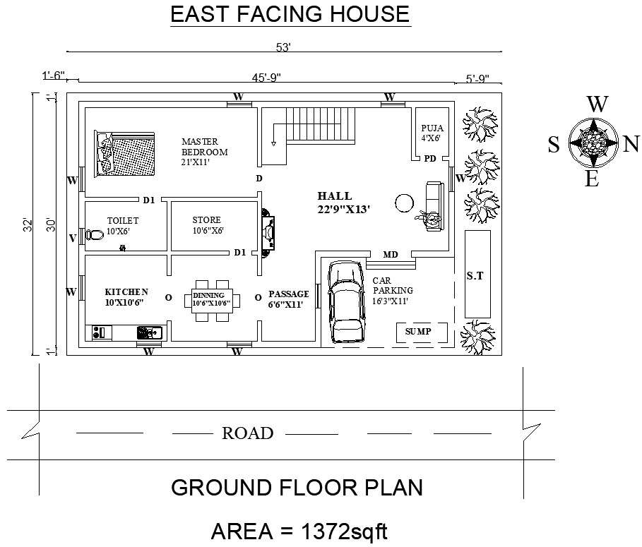  East  Facing  House  Plan  as per Vastu  Shastra Cadbull