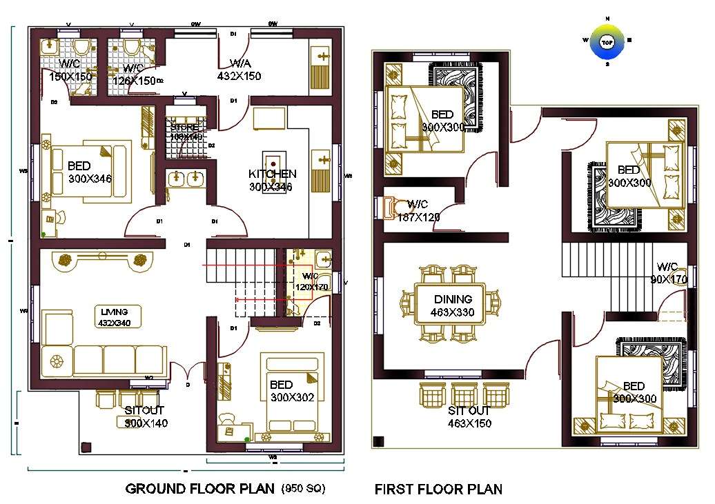 East Facing Direction House Plan With Interior Furniture Drawing (1000