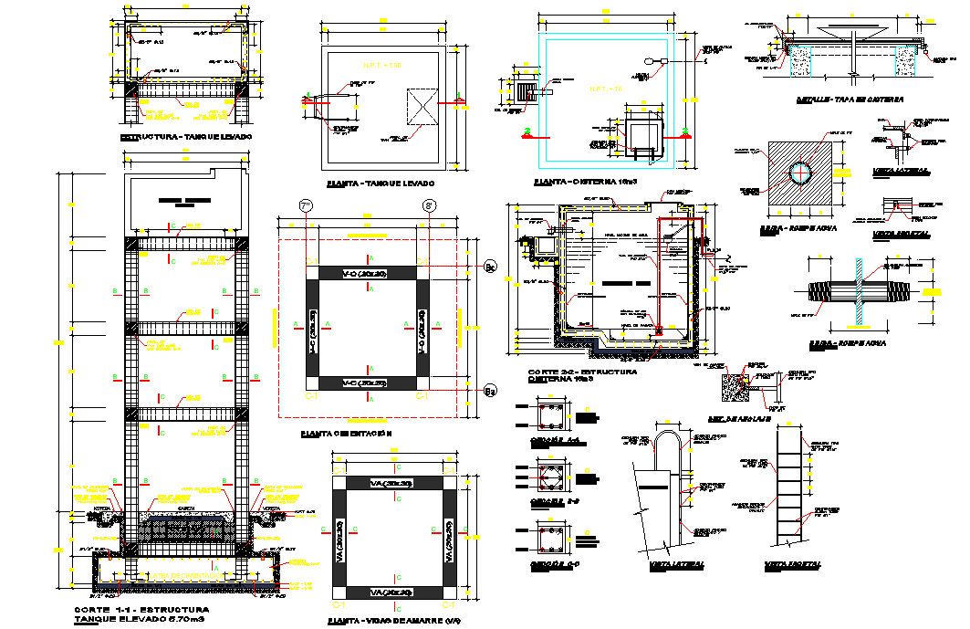 Elevated tank plan, elevation and section autocad file - Cadbull