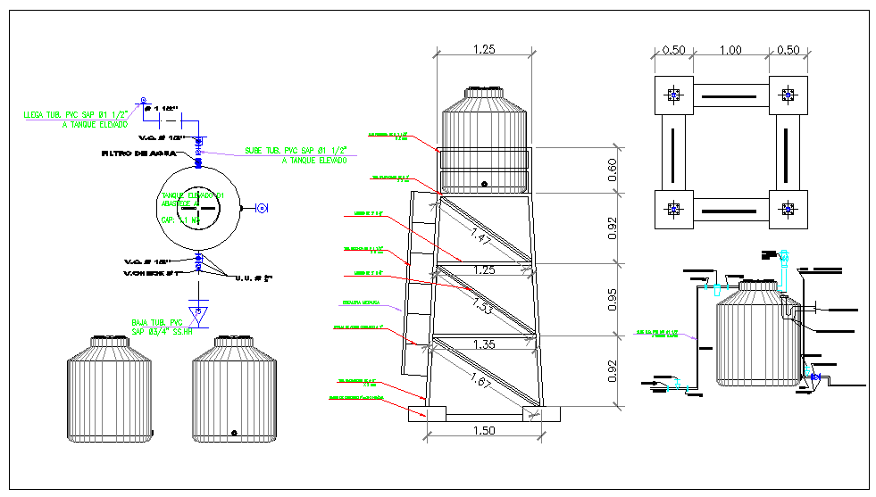 Elevated water tank detail water structure view dwg file Cadbull