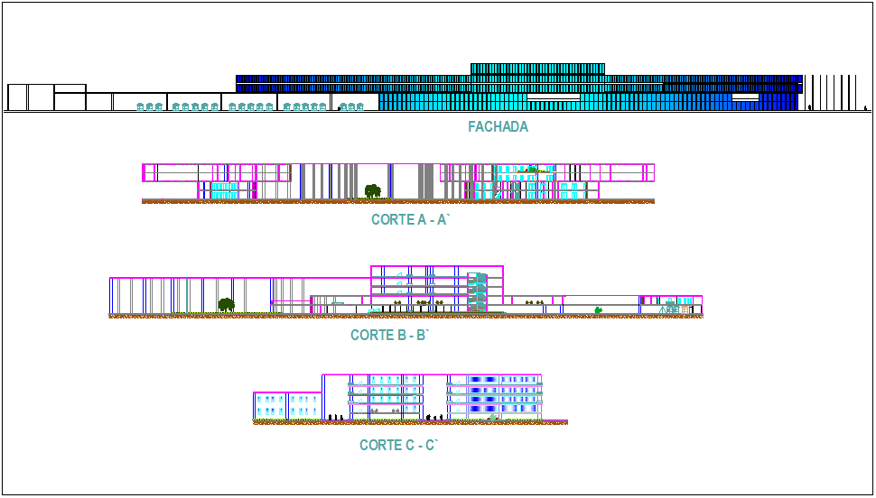 Elevation and different axis section view for communal market building ...