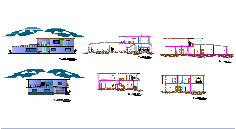 Elevation And Different Axis Section View For Communal Office Dwg File