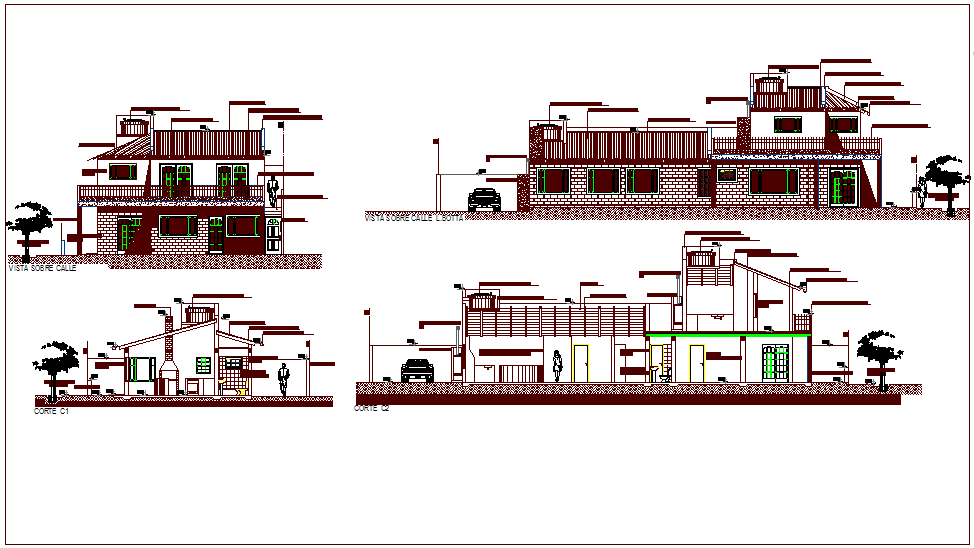 Elevation And Different Axis Section View For Residence Building Dwg