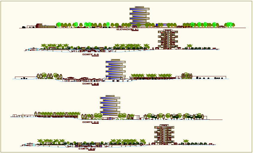 Elevation And Different Axis Section View Of Education Building Dwg