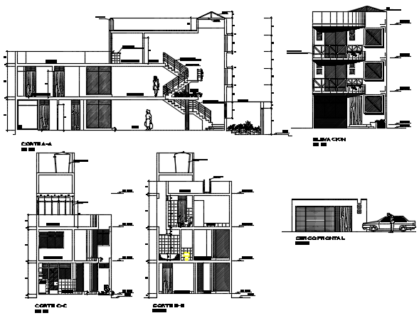 Elevation And Section Triplex House Plan Detail Dwg File - Cadbull