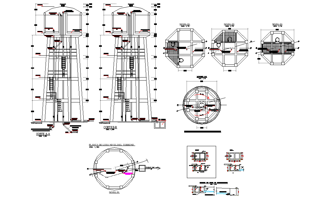 Elevation and section high reservoir autocad file - Cadbull