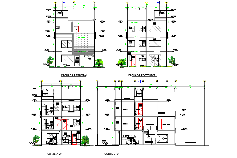 Elevation and section house layout file - Cadbull