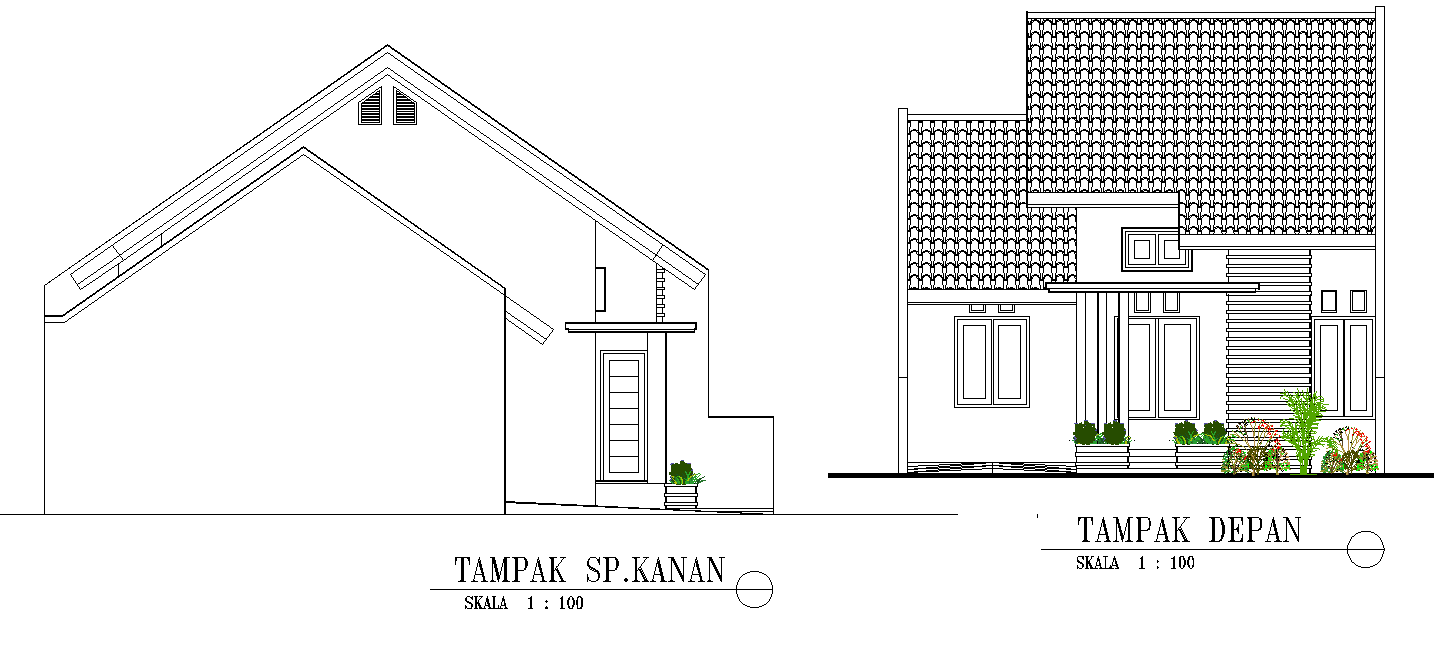 Elevation and section small house plan detail dwg file - Cadbull