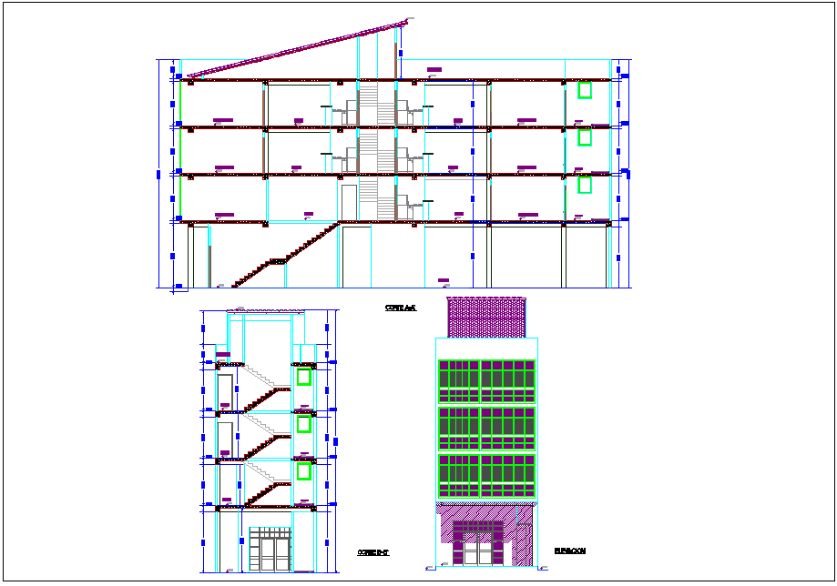 Elevation and section view for corporate building dwg file - Cadbull