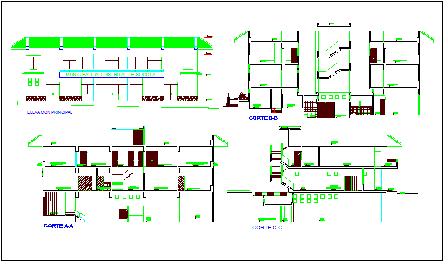 Elevation and section view of municipal building dwg file - Cadbull