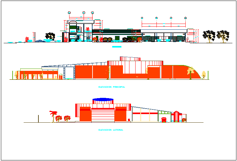 Elevation and section view of recycle view of plant dwg file - Cadbull