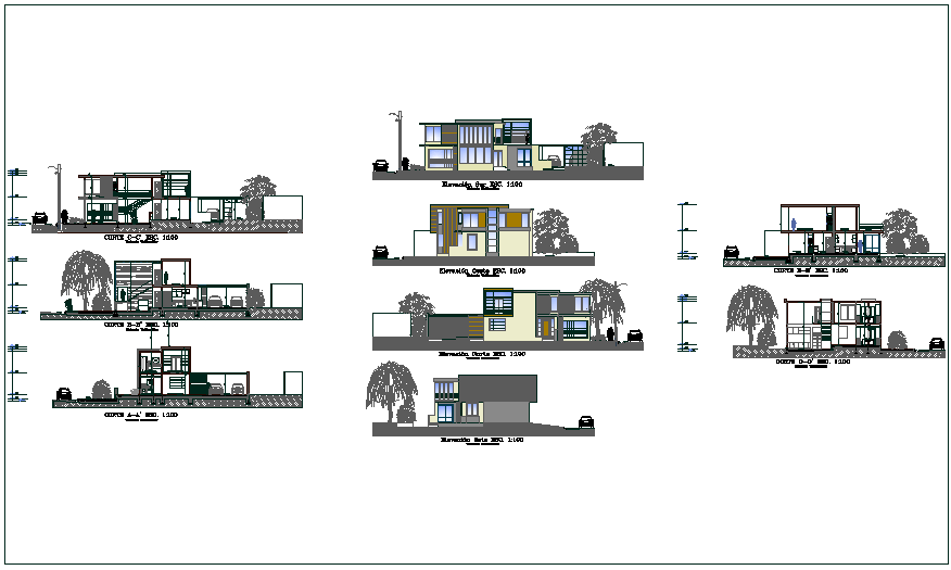 Elevation and section view with different side of house dwg file - Cadbull