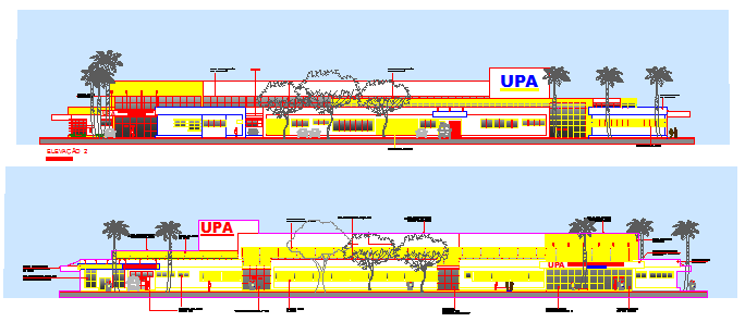 Elevation design drawing of Big health center design drawing - Cadbull