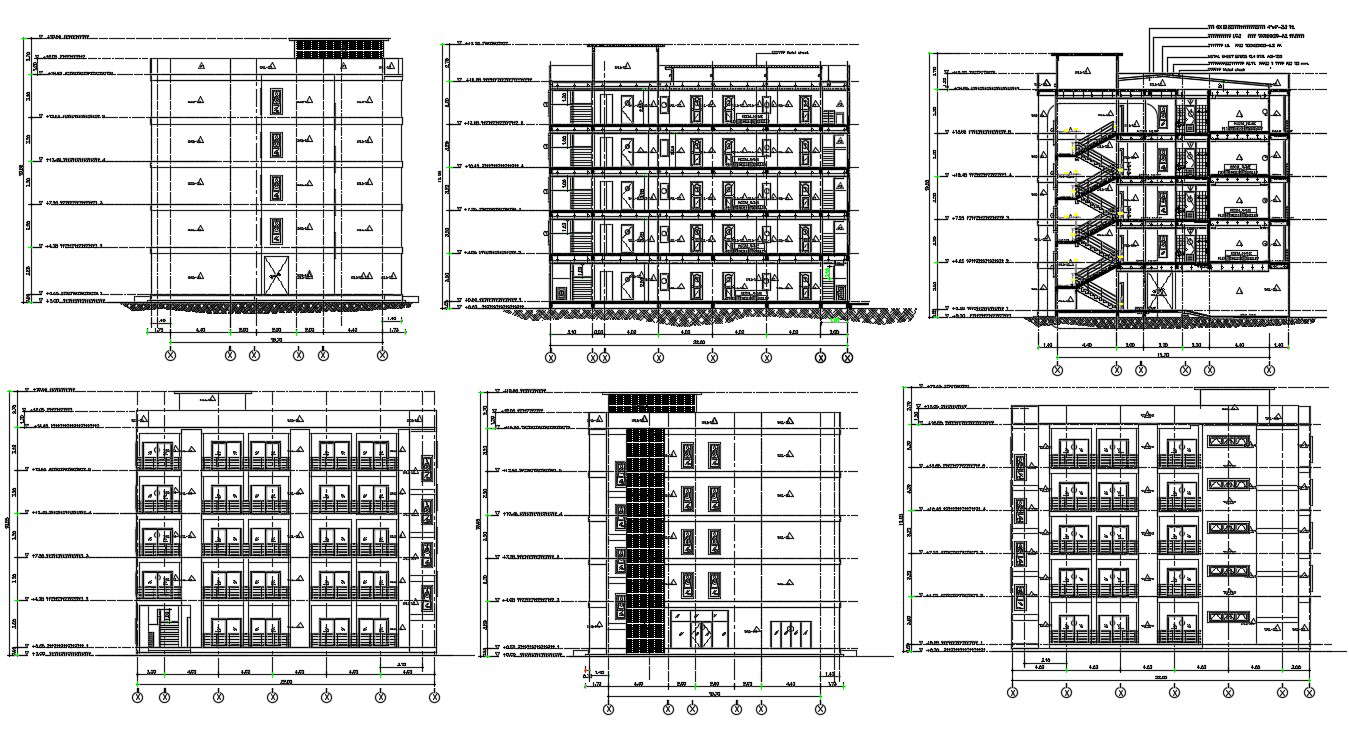 Elevation details and section Building CAD drawing - Cadbull