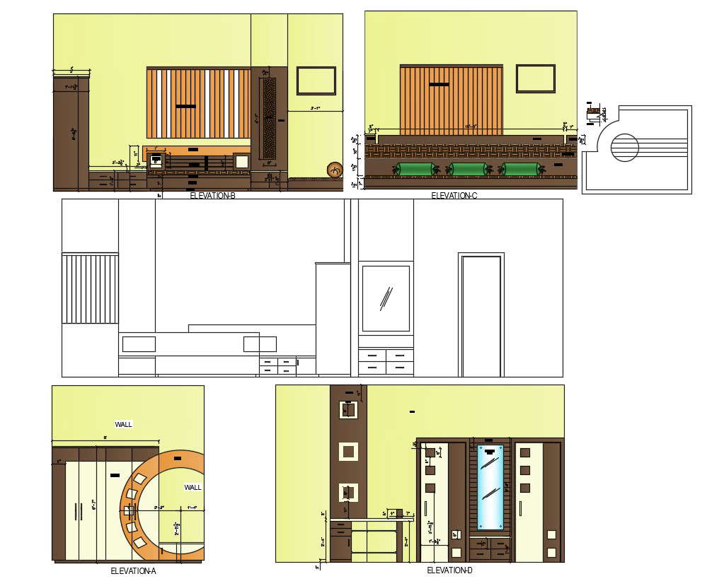 bedroom interior elevation with windows and furniture