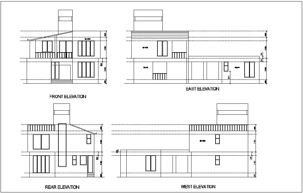 Elevation With Different Axis View For Bungalows Building Dwg File