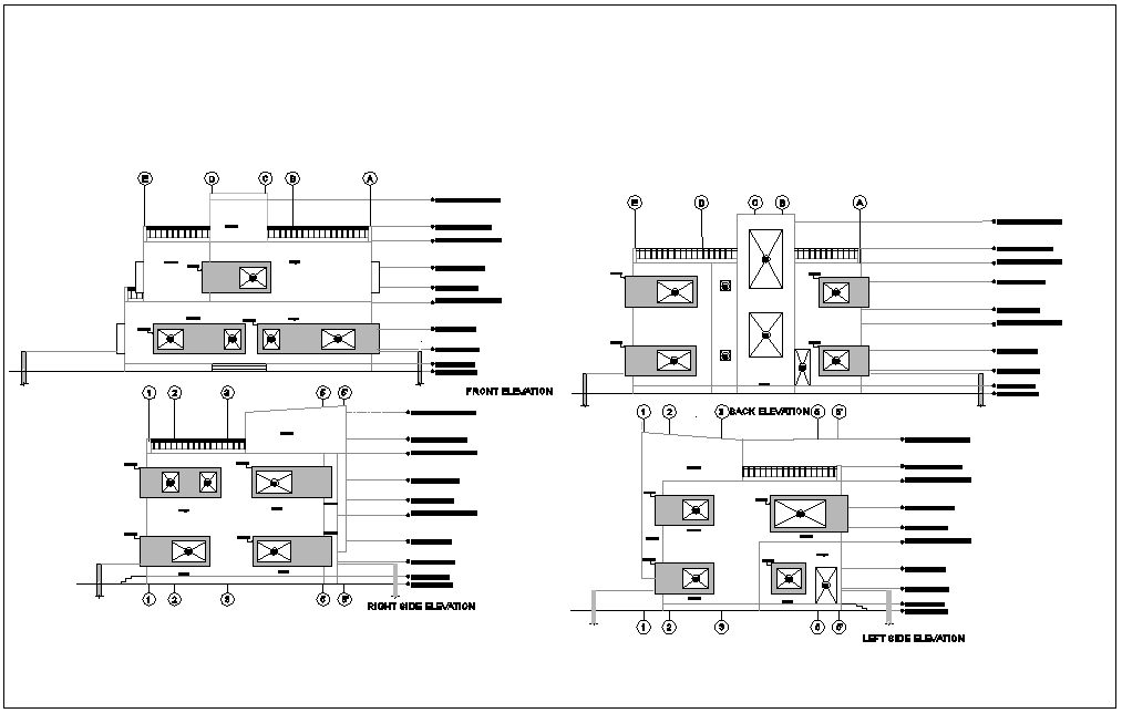 Elevation With Different Axis View For Bungalows Building Dwg File