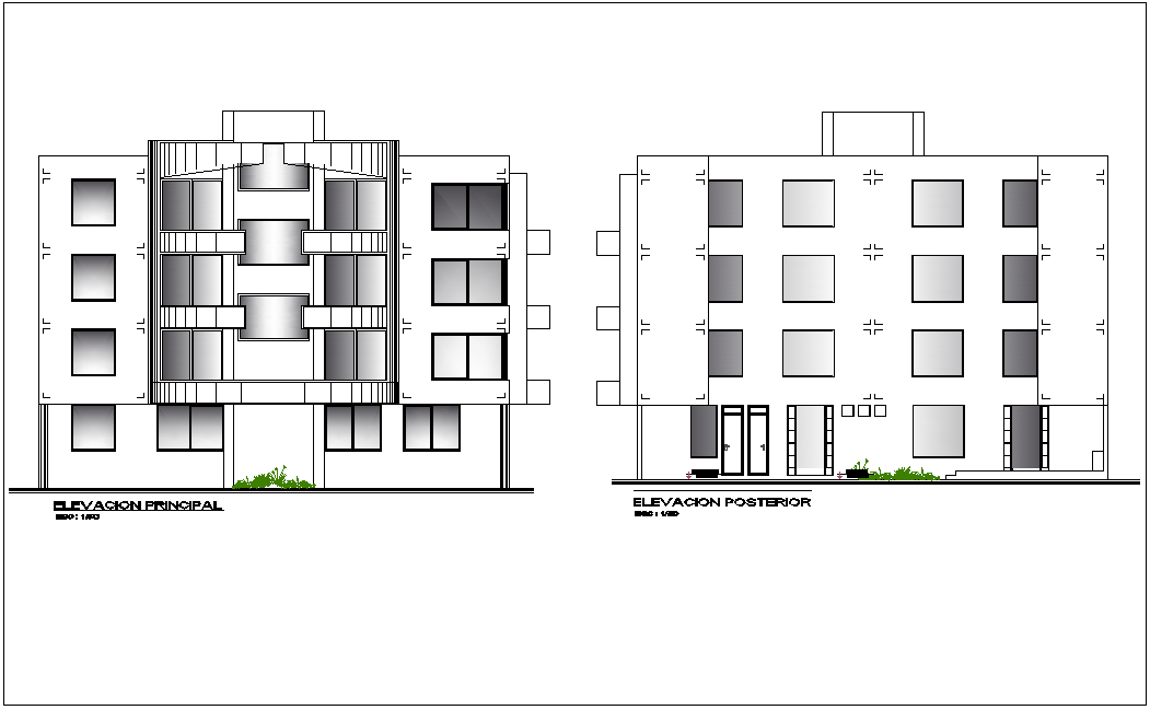 Elevation with different axis view for apartment building dwg file ...