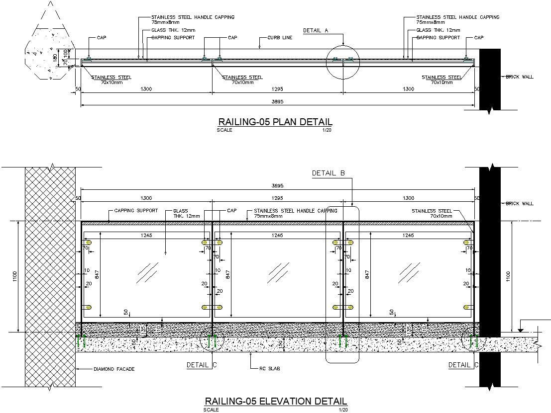 Elevation and plan of railing section in detail AutoCAD drawing - Cadbull