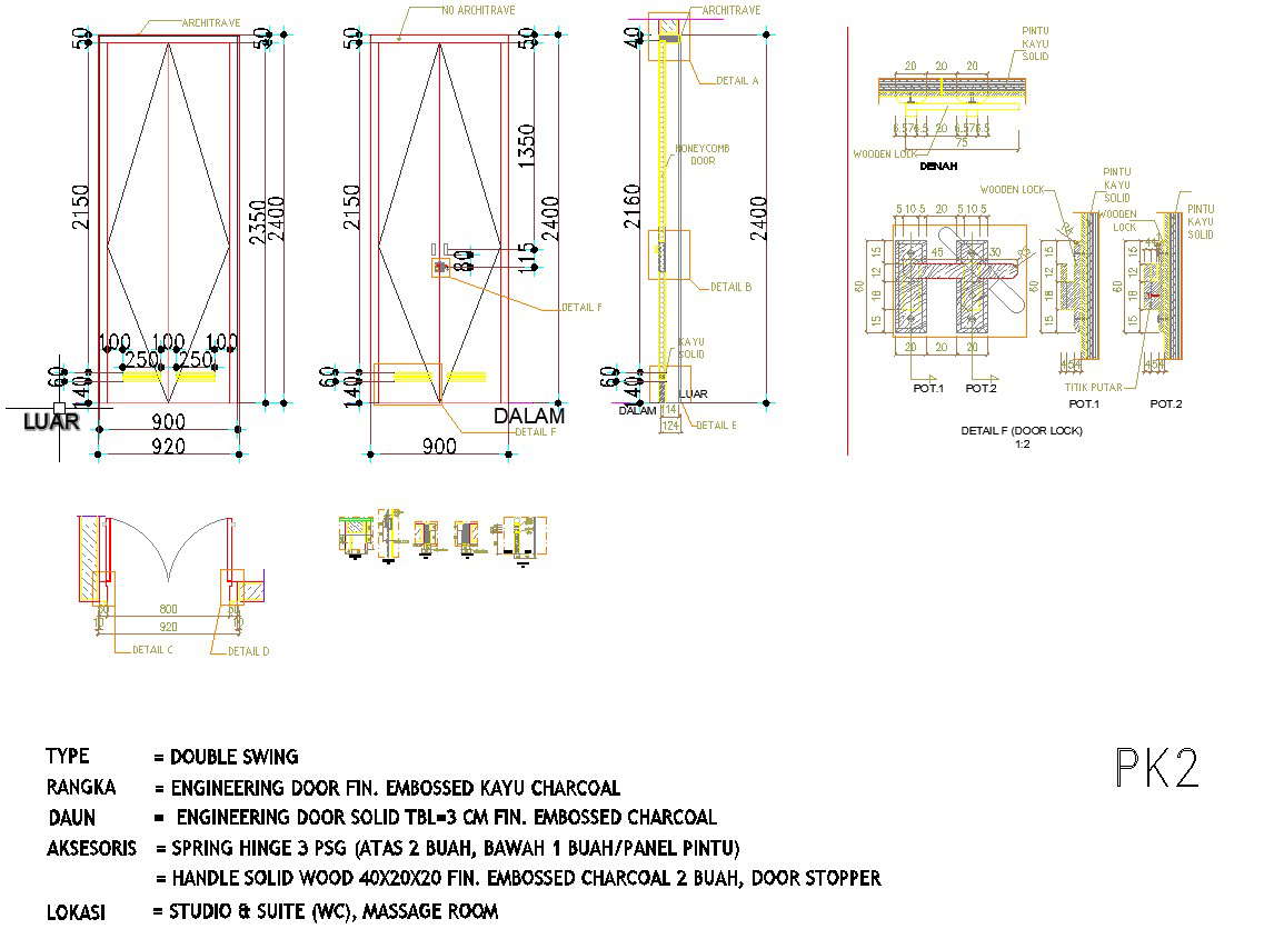 Elevation and section design of the double swing door is given in ...