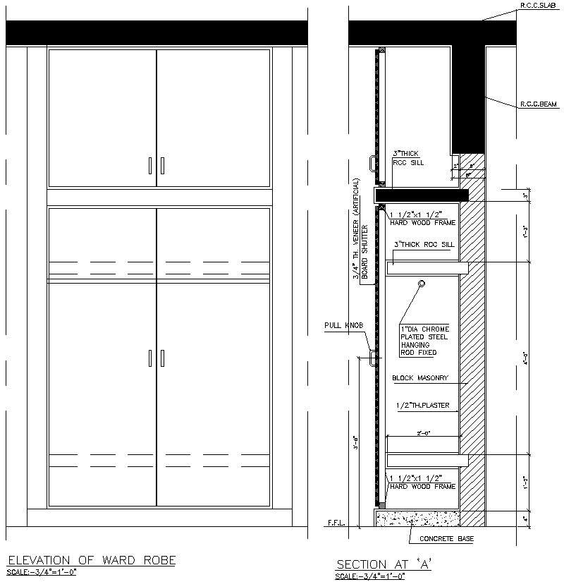 Elevation and section details of wardrobe in AutoCAD, dwg file. - Cadbull