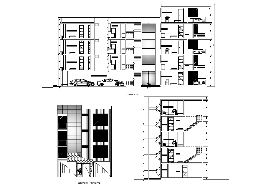 Elevation and section of G+3 house building is given in this 2D Autocad ...