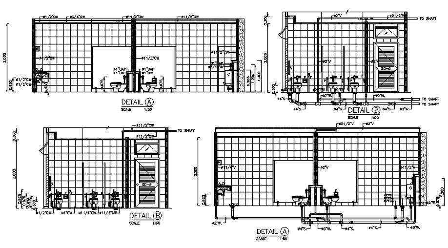 Elevation And Section Of The Public Toilet Tile Marking And Plumbing Details Are Given In This