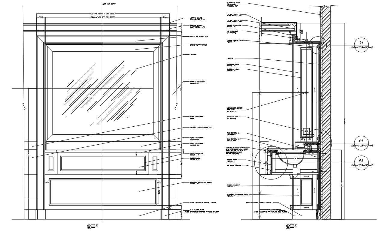 Elevation and section of vanity counter in detail AutoCAD 2D drawing 