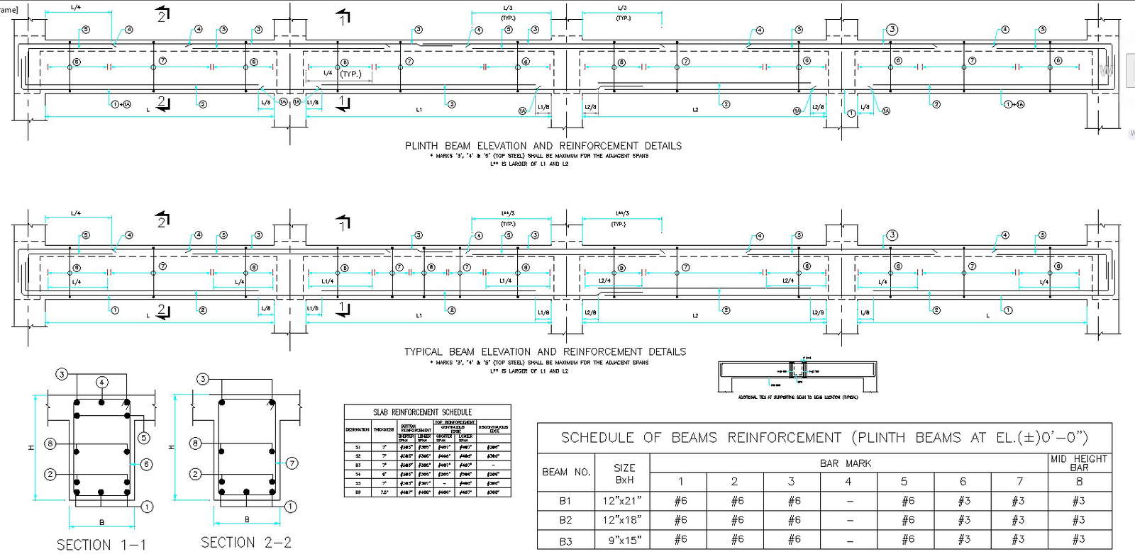 Elevation and section view of beam with reinforced design of beam dwg ...