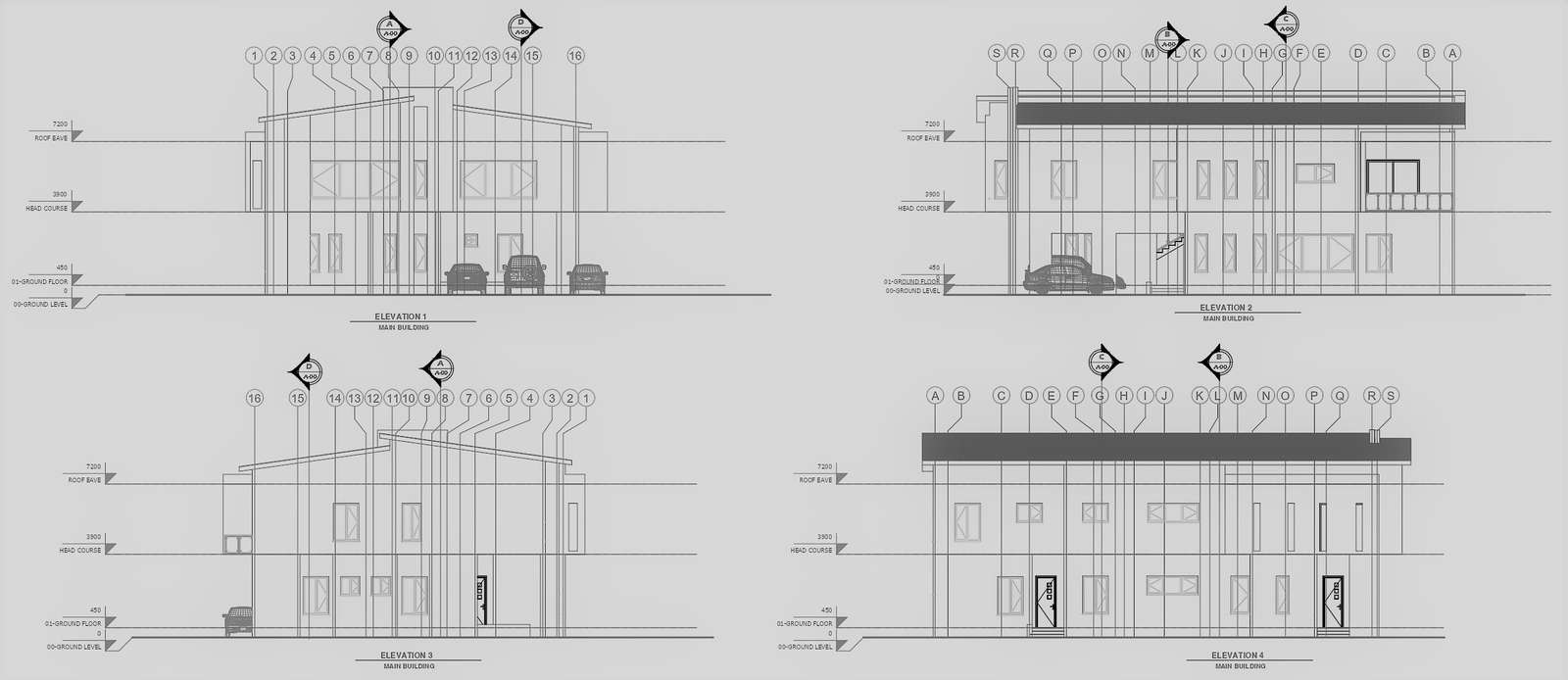 Elevation detail for 4 bhk house plan with all column center line ...