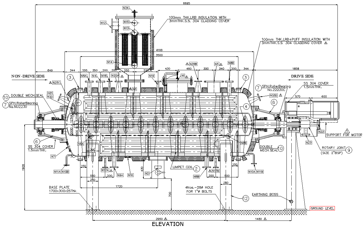 Elevation of Rotary Vaccum Paddle Dryer Detail DWG AutoCAD file - Cadbull