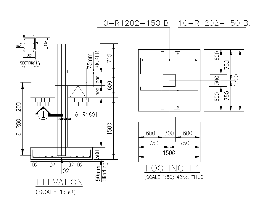 Elevation of column cum footing details of 80x50m compositing and ...